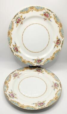 Replacement Sango SAN2 Occupied Japan China 2 Dinner Plates Turquoise Gld Floral